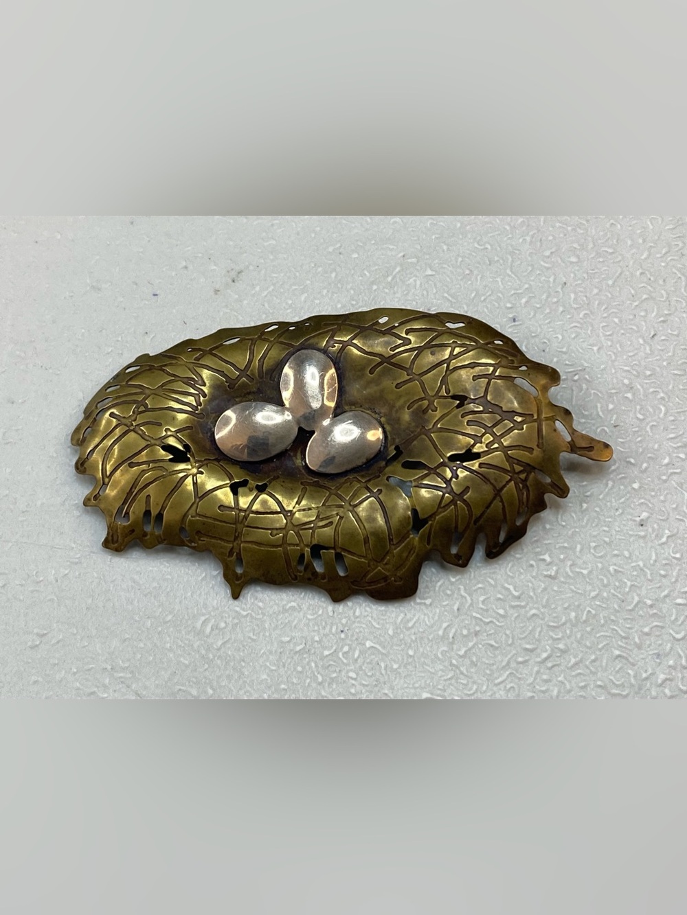 Vintage Zirkus Sterling Brass Bird and Nest Brooch
